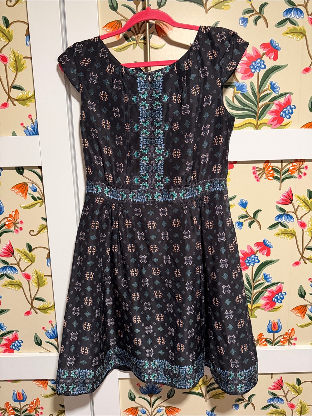 J. Crew Black Mini Dress with Teal and Pink Floral Embroidery